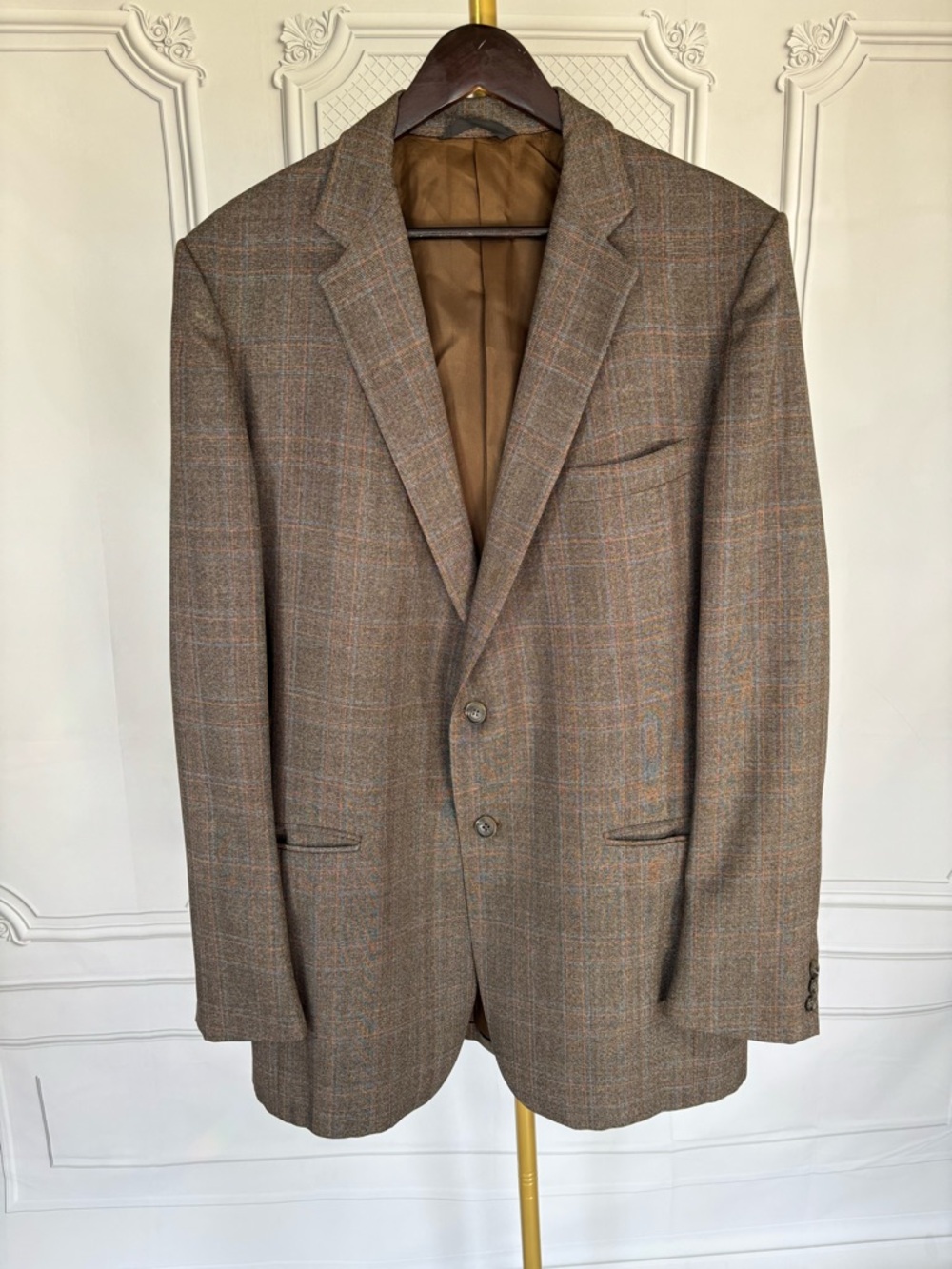 VTG CRICKETEER Mens 44L Brown Blue Plaid TWEED WOOL Sport Coat Blazer Jacket